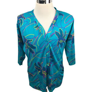 Vintage  Deweese Design Button Front Cover Up Womens Small Floral Blue Yellow